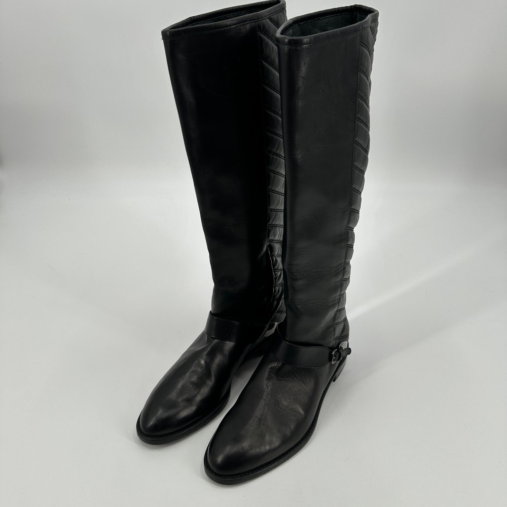 Stuart Weitzman Black Leather Knee High Boots Raceway Quilted Side Buckle 6.5 M